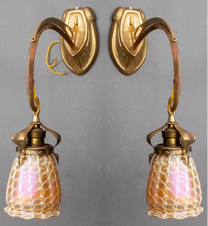 Art Nouveau Gilt Bronze & Quezal Glass Sconces, 2 (1 of 11)