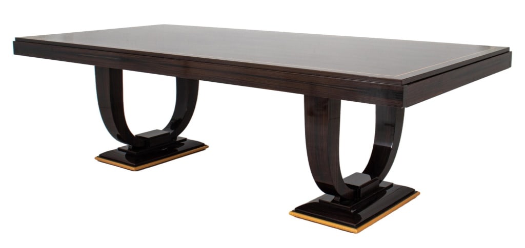 Christian Krass Macassar Extendable Dining Table: Christian Krass (French, 1868-1957) Art Deco Macassar Extendable Dining Table, maple inlay, with two leaves. 31" H x 47.75" W; closed: 98.5" D; fully extended: 137.5" D. Provenance: From a Thad Hayes-