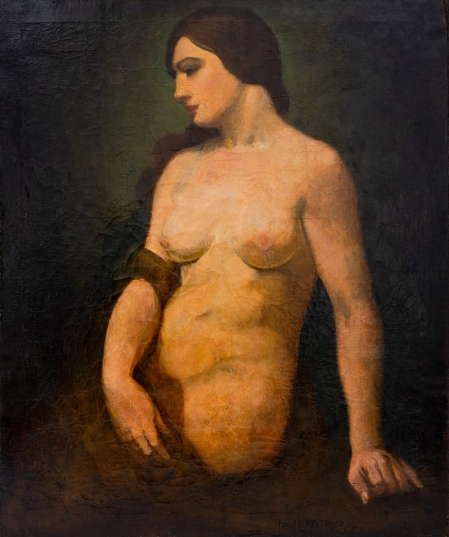 Paul R. Meltsner Seated Nude Woman Oil on Canvas: Paul Raphael Meltsner (American, 1905-1966), Seated Nude Woman, Oil on Canvas, signed lower right, depicting a brunette beauty. 36" H x 30" W. Provenance: From a Chelsea Estate. Keywords: Paintings, P