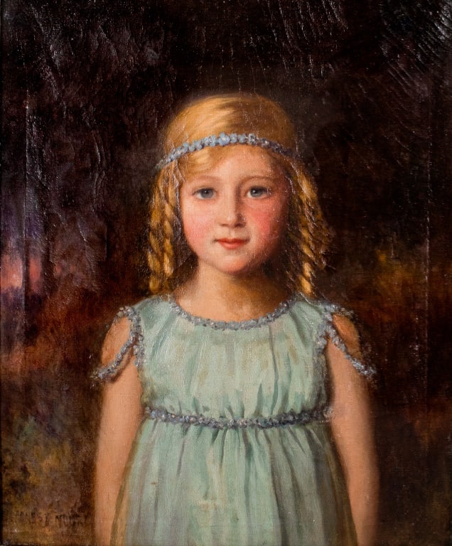 Ernest Moore Young Girl's Portrait Oil on Canvas: Ernest Moore (English, 1865-1940), Portrait of a Young Blonde Girl in a Baby Blue Dress, Oil on Canvas, circa 1890s, signed lower left. Image: 23.5" H x 19.5" W; frame: 29" H x 25" W. Provenance: From