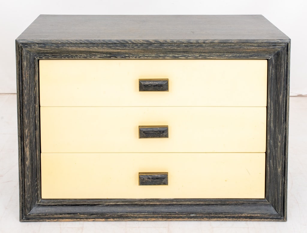 James Mont Cerused Oak Wood Dresser: James Mont (American, 1904-1978) Cerused Oak Wood Dresser, with three cream colored lacquered frieze drawers and brass handles, branded "James Mont Design" signature to interior top drawer. 32" H x 46
