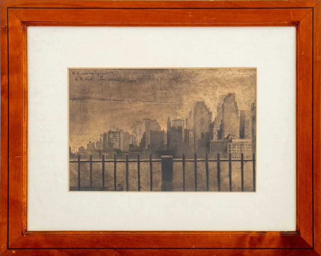 Luca Pignatelli "New York" Mixed Media on Paper: Luca Pignatelli (Italian, b. 1965), "New York", Mixed Media on Paper, 1988, signed, dated, and inscribed upper left, signed, dated, and inscribed "(Milano)" to verso, wood frame. Image: 6.5" H x 9.75"