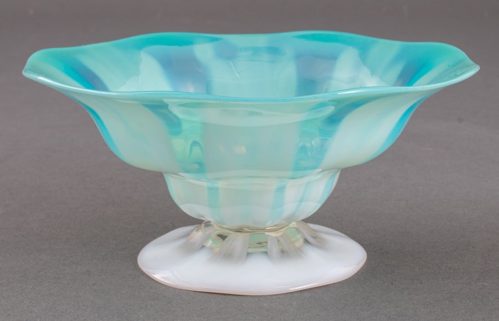 Louis C. Tiffany Favrile Opalescent Glass Parfait: Louis Comfort Tiffany (American, 1848-1933) Favrile Pastel Opalescent Glass Footed Parfait, circa 1910s, with ruffled edge, signed "L.C.T. Favrile" on polished pontil mark to underside. 2.25" H x 5" D
