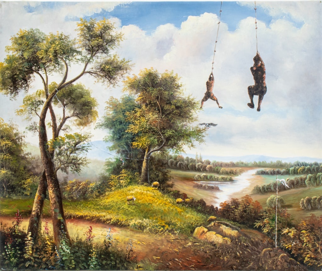 Shay Kun Landscape Scene Oil on Canvas, 2006: Shay Kun (Israeli/American, b. 1974), Landscape Scene with Two Swinging Figures, Oil on Canvas, 2006, signed and dated to verso. 20.25" H x 24.25" W. Provenance: From a Central Park West Collection. K