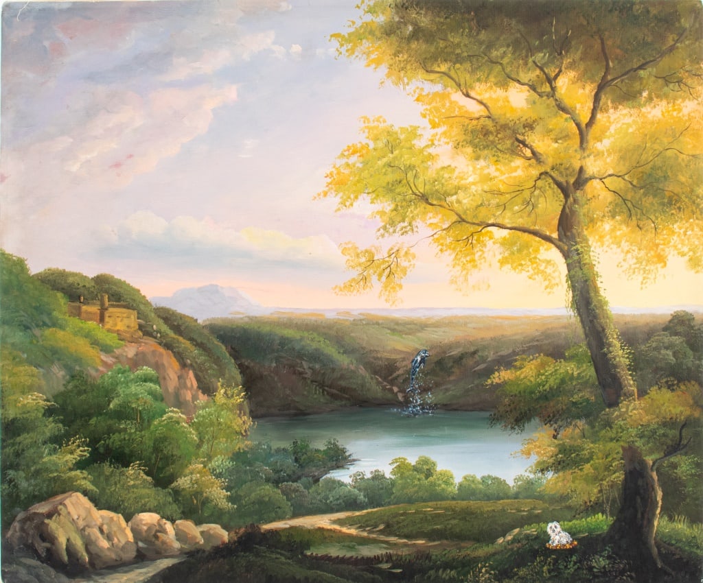 Shay Kun Landscape Scene Oil on Canvas, 2007: Shay Kun (Israeli/American, b. 1974), Landscape Scene with Dolphin and Dog, Oil on Canvas, 2007, signed and dated to verso. 20.25" H x 24.25" W. Provenance: From a Central Park West Collection. Keywor