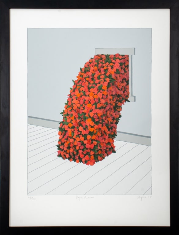 Patrick Hughes "Paper Roses" Screenprint: Patrick Hughes (British, b. 1939), "Paper Roses", Screenprint in Colors, 1985, signed in pencil, dated "85", numbered edition "44/150", and titled. Image: 23" H" x 17" W; frame: 32.25" H x 24.50" W. P