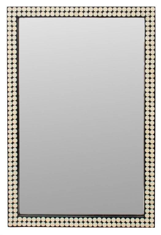 Oly Studio Bone Inlaid Ebonized Wood Mirror: Oly Studio Bone Inlaid Ebonized Wood Beveled Mirror, gold-tone plaque label with serial number 100015744 to reverse. Mirror plate: 24.25" H x 15.25" W; frame: 26.75" H x 17.75" W. Provenance: From a N