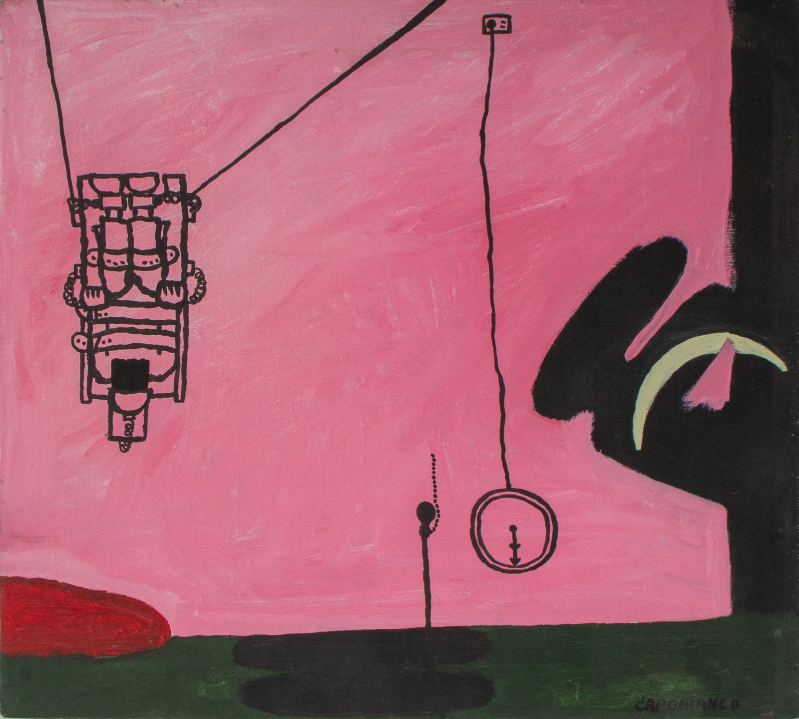 Capobianco "Study for Zapped II" Oil on Canvas: Domenick Capobianco (American, b. 1928), "Study for Zapped II", Oil on Canvas depicting a man seated in an electric chair on a pink ground, apparently unsigned, stamped "Domenick Capobianco Studio" to
