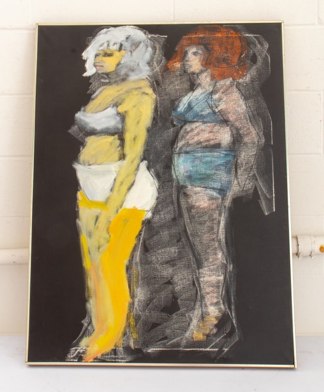 Walter Gutman Attributed Pop Art Mixed Media: Walter K. Gutman (American, 1903-1986) Attributed, Abstract Figurative Pop Art Composition, Mixed Media on Canvas, depicting two standing women wearing underwear, signed "to Dominic - Walter" to verso