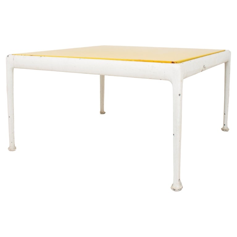 Richard Schultz for Knoll Enamel Top Side Table: Richard Schultz for Knoll Enamel Top Side Table, yellow enamel top and white legs. 15" H x 28" W x 28" D. Provenance: From a Plainview, N.Y. estate. Keywords: Designer, Mid-Century Modern design, MCM,