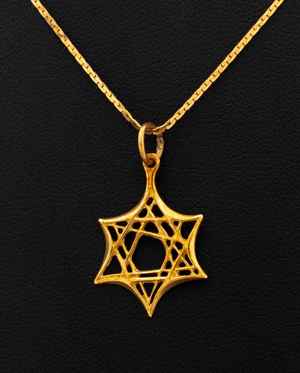 14K Yellow Gold Star of David Pendant Necklace: 14K Yellow Gold Star of David Pendant Necklace, designed as a Magen David detachable pendant, worn on 14K necklace joined with spring ring clasp, marked: "14K Italy". Measuring approx. 15" x 1", 1.3 d