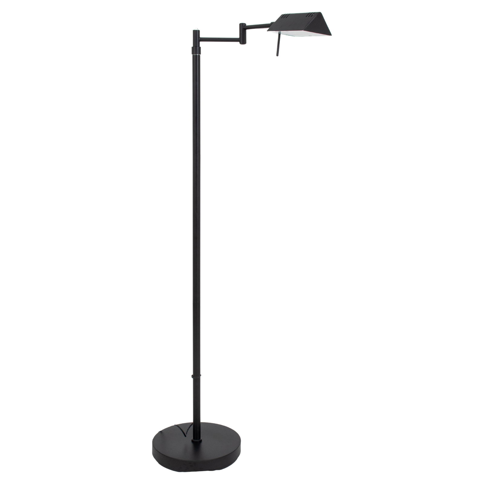 Intertek Modern Swing Arm Floor Lamp: Intertek Modern Black Metal Swing Arm Floor Lamp, with label and model number "OB FLO5D" on base. 47.25" H x 12" W x 10" D. Provenance: From a Christopher Street Collection. Keywords: Lighting, Decora