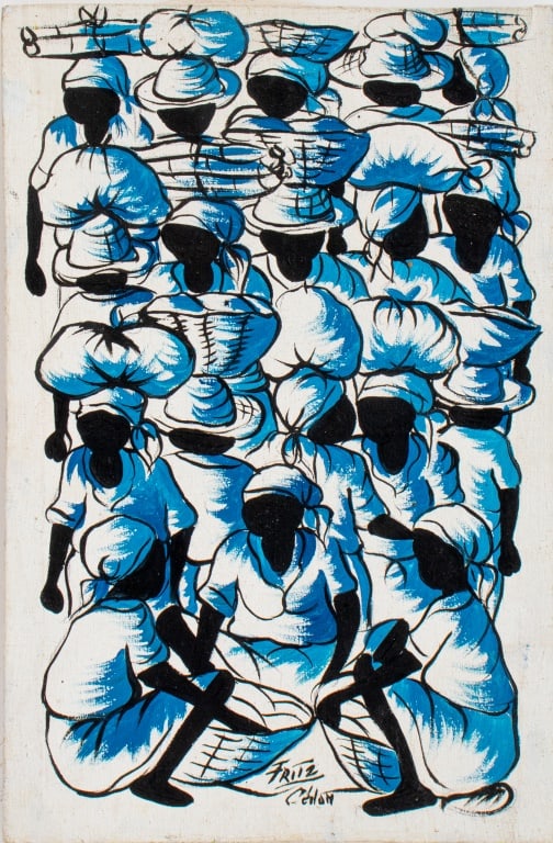Haitian Merchants Oil on Canvas, 20th C.: Haitian Merchants, Oil on Canvas, twentieth century, illegibly signed "Fritz C...." center below, unframed. 12" H x 8" W. Keywords: Painting, Haiti, Figural, Figures, Folk Art, Contemporary Art, Carib