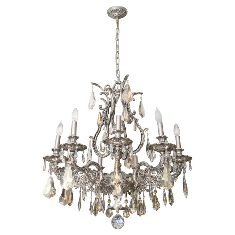 Rococo Revival Silvered Metal Crystal Chandelier: French Rococo Revival Silvered Metal Crystal Chandelier, with eight arms topped with faux candles. 30" H x 26.5" Diameter. Provenance: Property from an 11th Avenue duplex. Keywords: Lighting, Ceiling 