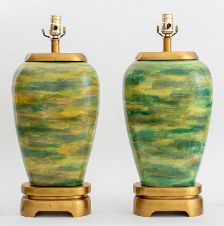 Mod Style Polychromed Ceramic Urn Lamps, Pair (1 of 12)
