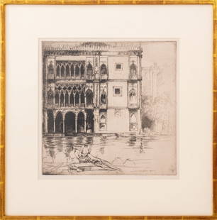 Donald Shaw Maclaughlan "The Ca' d'Oro" Etching: Donald Shaw Maclaughlan (Canadian/American, 1876-1938), "The Ca d'Oro", Etching on Paper, 1922, signed in pencil lower right, Wunderlich & Company, Inc. label to verso, giltwood frame. Image: 12" H x