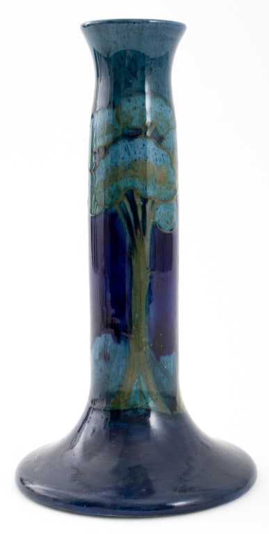Moorcroft "Moonlit Blue" Pottery Candlestick: William Moorcroft (English, 1872-1945) for Moorcroft "Moonlit Blue" Pottery Candlestick Holder, circa 1920, signed "Moorcroft" and stamped "Made in England" to underside. 8.5" H x 4.5" Diameter. Prove