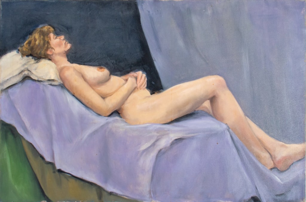 Penny Purpura Reclining Nude Woman Oil on Canvas: Penny Purpura (American, XX-XXI), Reclining Nude Woman, Oil on Canvas, signed to edges, unframed. 24" H x 36" W. Provenance: Property from the estate of the artist. Keywords: Painting, Portrait, Femal