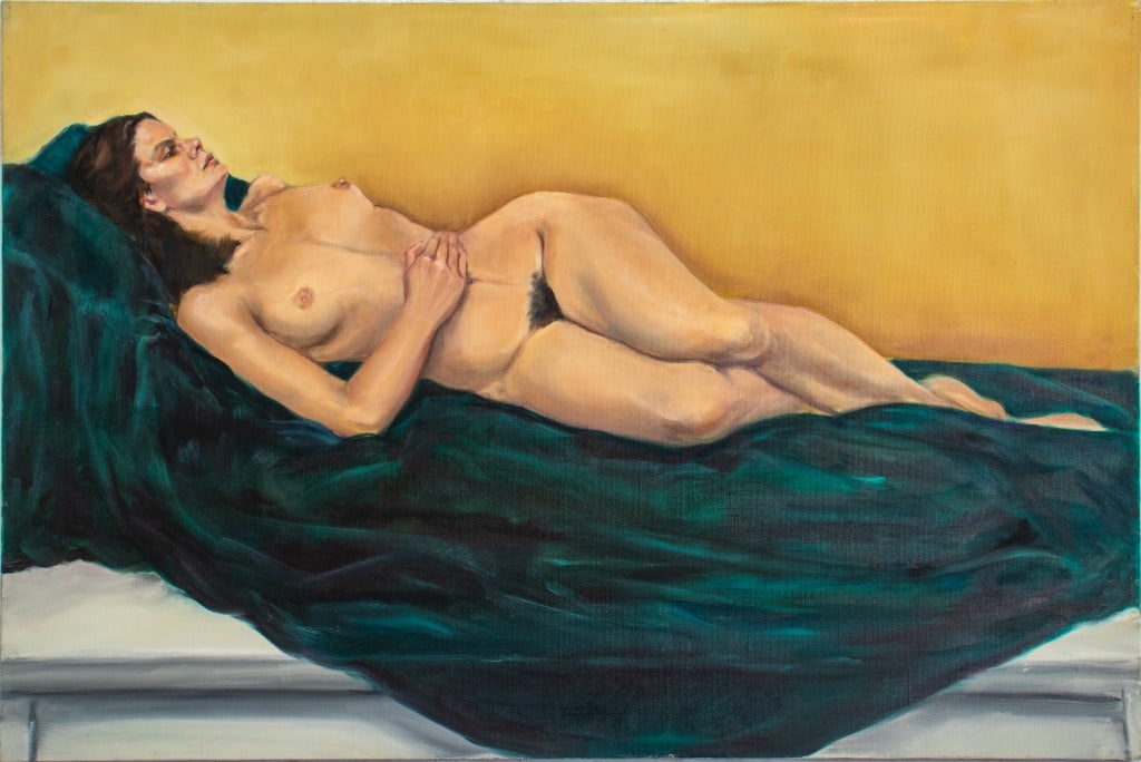 Penny Purpura Reclining Nude Woman Oil on Canvas: Penny Purpura (American, XX-XXI) Reclining Nude Woman, Oil on Canvas, signed to edges, unframed. 24" H x 36" W. Provenance: Property from the estate of the artist. Keywords: Painting, Portrait, Female