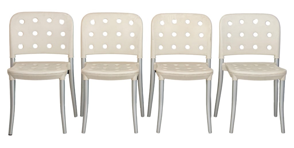 Antonio Citterio for Halifax "Minni" Chairs, 4: Antonio Critterio (Italian, b. 1950) for Halifxax "Minni" Dining Chairs, each with reticulated resin back and seat on tubular brushed steel legs. 31" H x 18.5" W x 19.5" D; seat: 19" H. Provenance: Pr