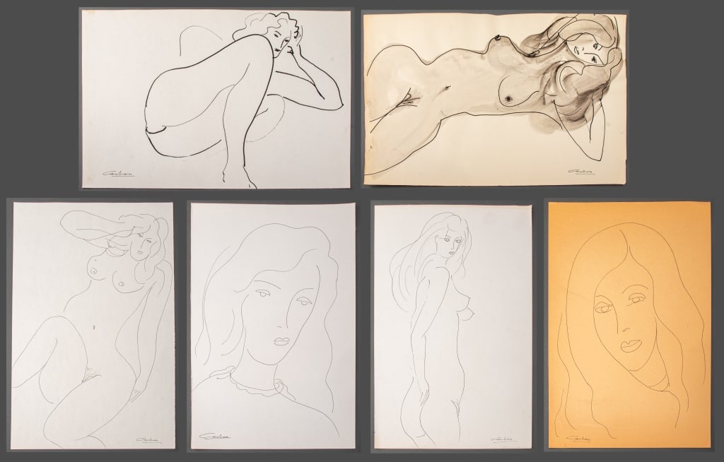 Norman Carton Study of Woman Ink on Paper, 6: Norman Carton (Ukrainian/American, 1908-1980), Six Studies of Women, four of them nudes, ink on paper, each signed. Largest: 12" H x 18.75" W. Keywords: Works on Paper, Paintings, Drawings, Gestural, 