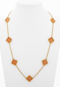18K Yellow Gold Coral Alhambra Style Necklace