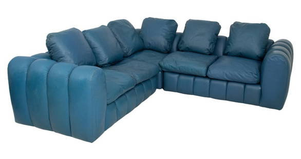 Jay Spectre for Century Blue Leather Sofa: Jay Spectre (American, 1929-1992) for Century Blue Leather Sectional Sofa, L-shaped in three pieces, with Century tags beneath every seat cushion and with "Century / Furniture of Distinction /