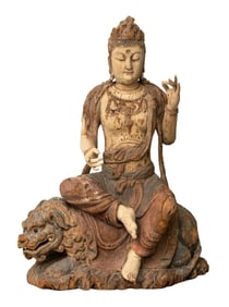 Chinese Monumental Carved Wood Guanyin on Lion