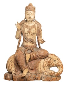 Chinese Monumental Carved Wood Guanyin on Elephant