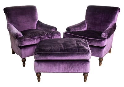 George Smith Style Armchairs & Ottoman, Pair