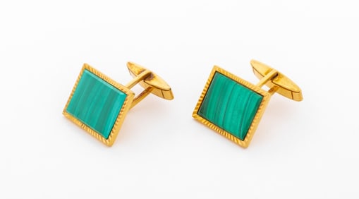 Italian 18K Yellow Gold Malachite Cufflinks