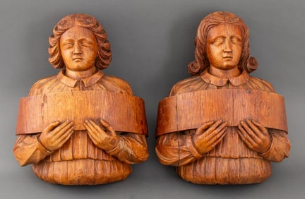 European Carved Wood Sculptures, Pair
