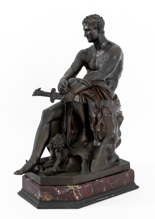 Patinated Metal Sculpture of Ares on Marble Base: Patinated Metal Sculpture of Ares on Red Marble Base, depicting man with helmet, shield, and sword with Eros at his feet, marked "H 1806" to reverse of base. 22" H x 11" W x 16.5" D. Provenance: From 