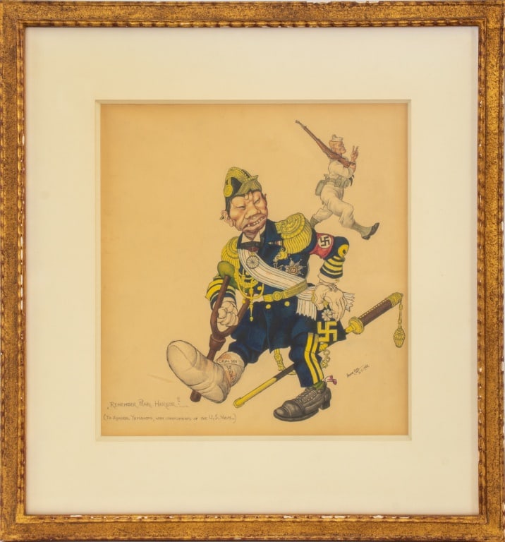Arthur Szyk "Remember Pearl Harbor..?" Watercolor: Arthur Szyk (Polish, 1894-1951), "Remember Pearl Harbor...?", Watercolor on Paper, 1942, signed in pencil, dated, and inscribed "N.Y." lower right and titled with "(To Admiral Yamamoto, With Complimen