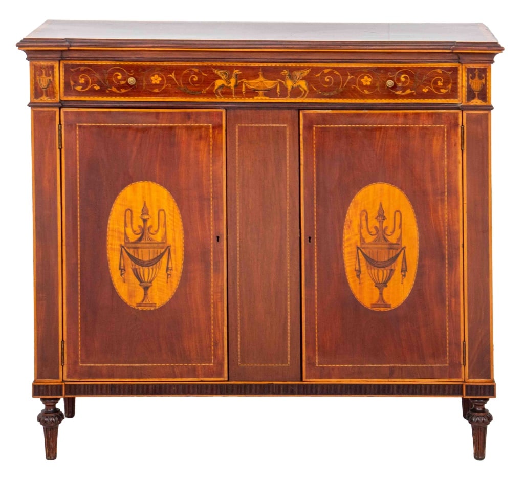 Edwardian Sheraton Revival Marquetry Cabinet: Edwardian Sheraton Revival Mahogany Marquetry Two Door Cabinet, circa 1910. 37" H x 42" W x 16.5" D. Provenance: From a Private Collection, New York. Keywords: Furniture, Urns, Griffins, Wood inlay, I