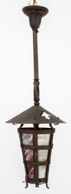 Arts & Crafts Iron and Slag Glass Hall Lantern