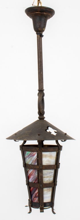 Arts & Crafts Iron and Slag Glass Hall Lantern (1 of 14)