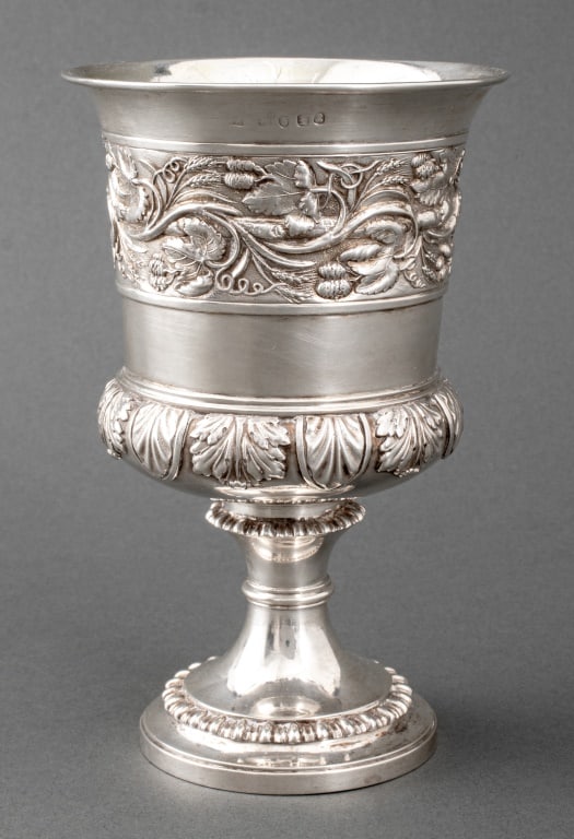 George IV Sterling Silver Wine Cup, 1821: George IV Sterling Silver Wine Cup, London, 1821, with barley and hops design, rubbed maker's marks near rim. Weight: 13.54 ozt.; 6.5" H x 4.25" Diameter. Provenance: From an Upper East Side Collectio