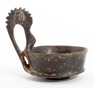 Ancient Etruscan Bucchero Mask Handled Kyathos