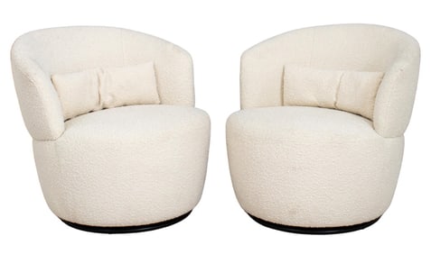 Kagan Style Upholstered Swivel Tub Chairs, Pair