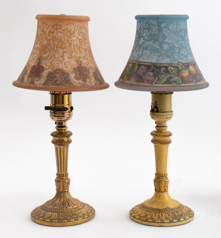 H.G. McFaddin & Co. Bellova Art Glass Lamps, Pair: Associated Pair of H.G. McFaddin and Company Bellova Art Glass Lamps, etched floral pattern to exterior and hand painted crowns and florals to interior, both marked to stem of lamp and interior of lam
