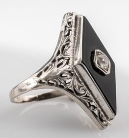 14K White Gold Onyx Diamond Ring
