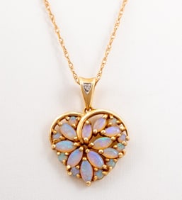 14K Yellow Gold Opal Heart Pendant Necklace