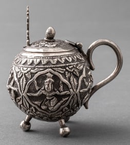 Indian Silver Hinged Sugar Pot & Sterling Spoon