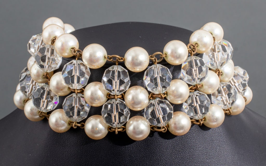 Erickson Beaman Attr. Multi-Strand Choker: Erickson Beaman Attributed Multi-Strand Choker, with faux pearl and clear beads, apparently unmarked. 14" L x 2" W. Provenance: From a Manhattan collector. Keywords: Necklace, Accessories, Designer, D