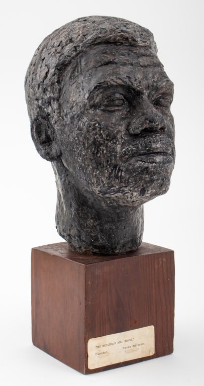Paula Meizner "My Neighbor Mr. Jones" Sculpture: Paula Meizner (American, born Poland, 1904-1990), "My Neighbor Mr. Jones", Modernist Plaster Sculpture, 17" H x 7" W x 9" D. Provenance: From the estate of the artist. Note: The award-winning artist f