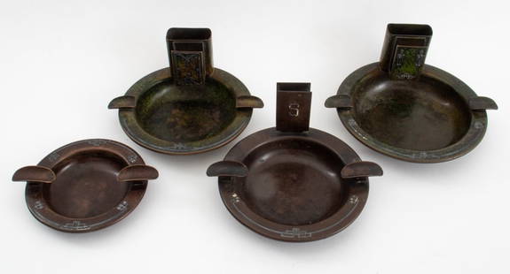 Heintz Ams Sterling and Bronze Ashtrays, 4: Set of Four Heintz Art Metal Shop Sterling Silver on Patinated Bronze Ashtrays, two ashtrays with matchbox and cigarette holders, one ashtray with monogrammed "S" matchbox holder, and one ashtray with