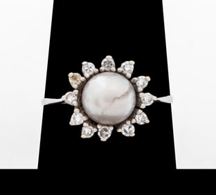 14K White Gold Cultured Pearl Diamond Ring
