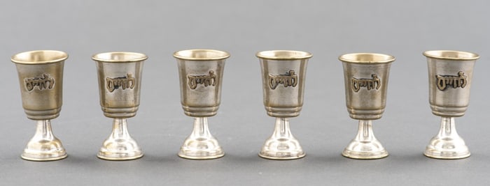 Judaica Silver Plate Kiddush Cups, 6