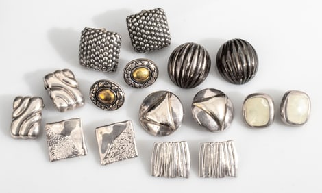 Modernist Sterling Silver Clip Earrings, 8 Pairs